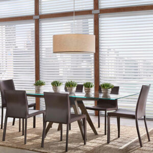 dining room with sheer horizontal shadings on floor to ceiling windows