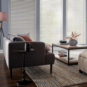 living room image with white faux wood blinds