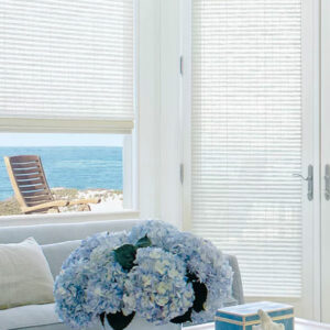 sun room with white woven wood blinds on patio door and window