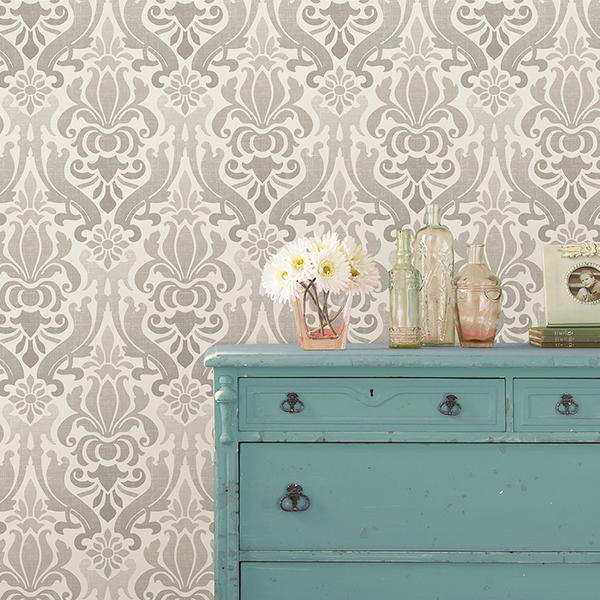 room scene with grey nouveau damask wallpaper