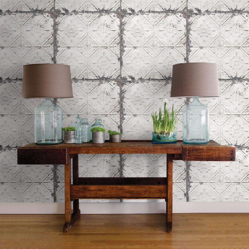 room scene with vintage tin wallpaper