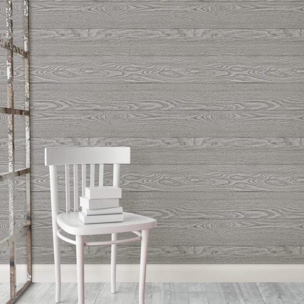 room scene with grey salvaged wood wallpaper