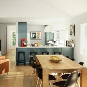 Kitchen and dining room with kitchen cabinets painted in steel cliff gray, a green gray color