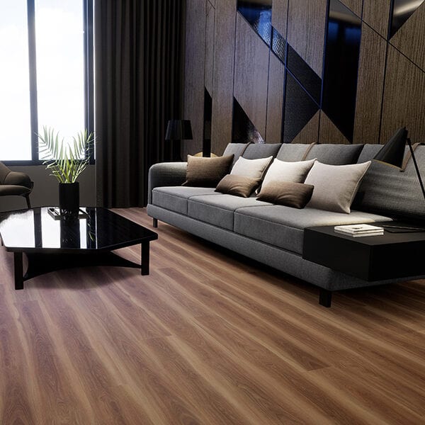 room scene featuring honey oak waterproof plank
