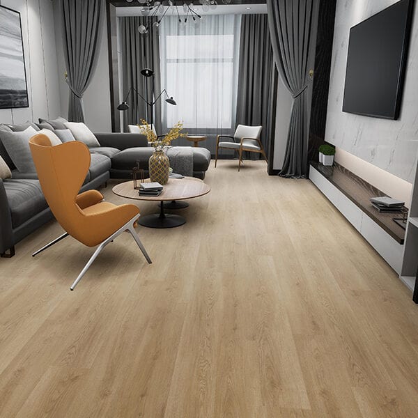room scene featuring serene oak waterproof plank